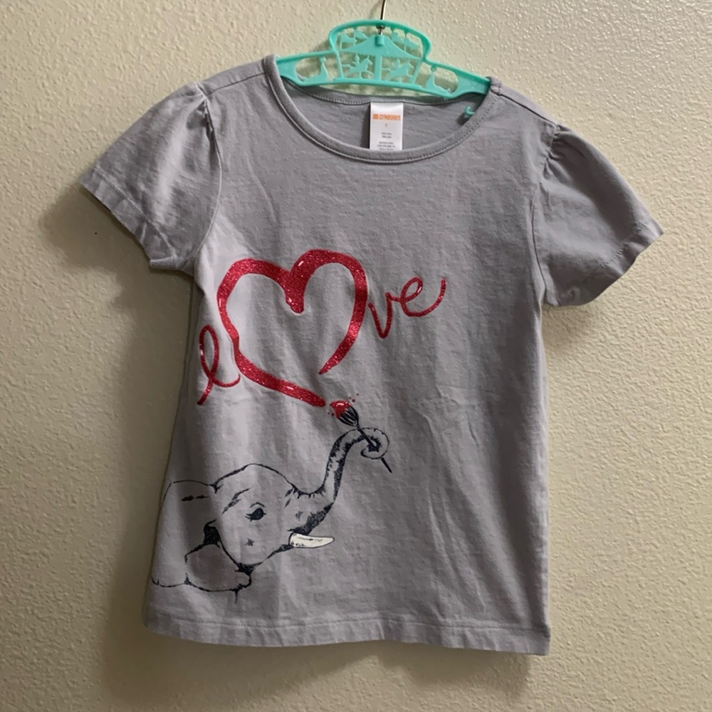 Gymboree Elephant Love Heart Tee Shirt Size 7 Cotton Sparkly Heart Cotton